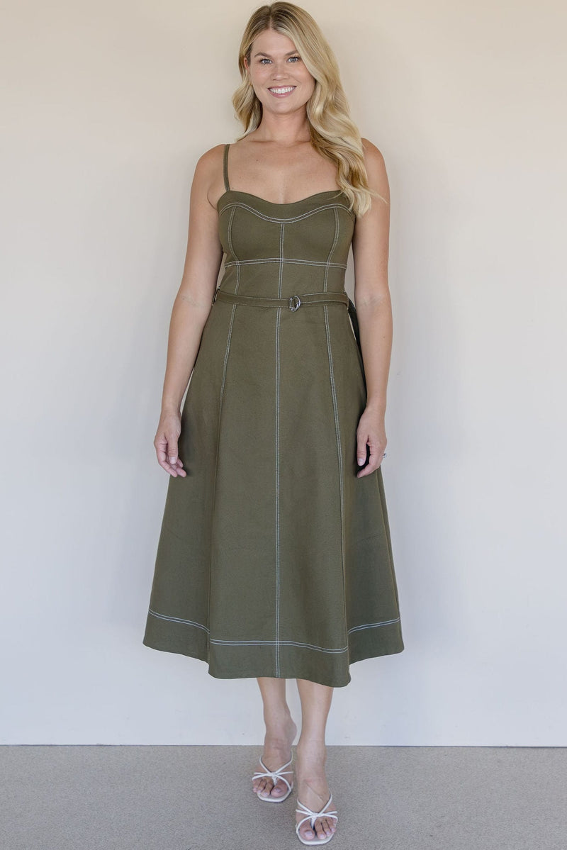 MAXINE Darby Belted Stitch Detail Maxi Dress Deep Olive