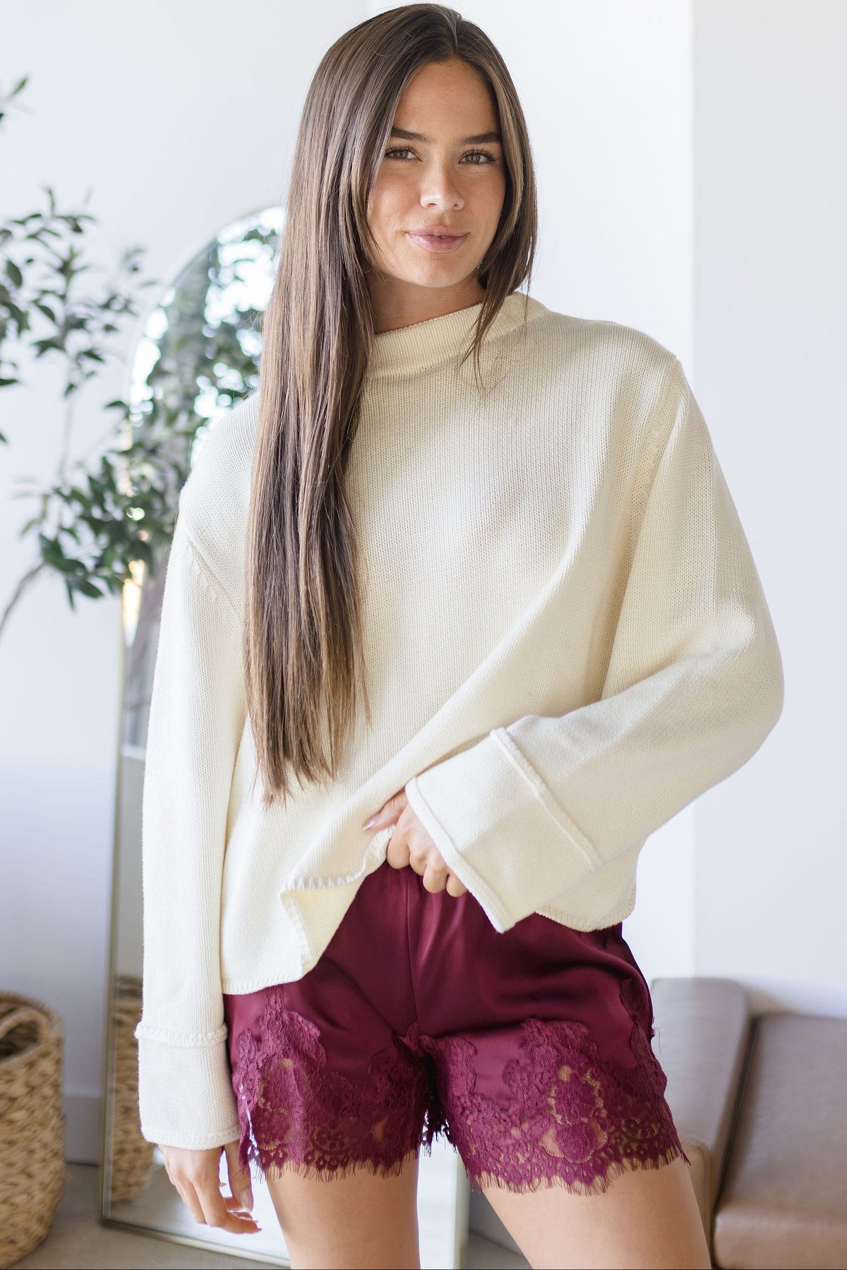 MAXINE Lela High Neck Long Sleeve Sweater Cream