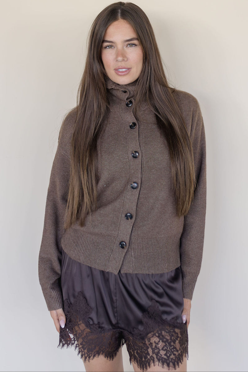 MAXINE Linnea Mock Neck Button Cardigan Brown