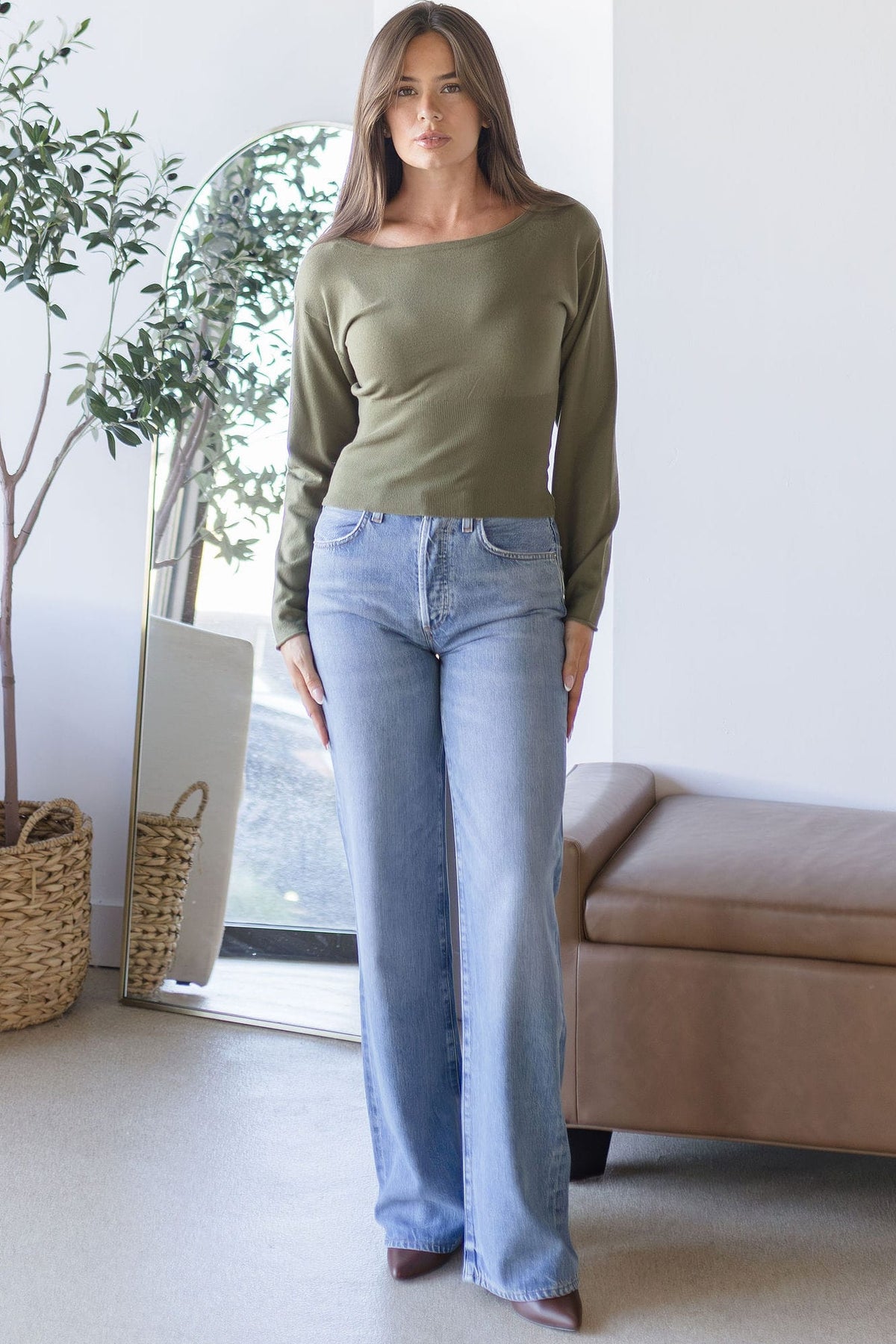 MAXINE Nerina Boat Neck Long Sleeve Top Dark Olive