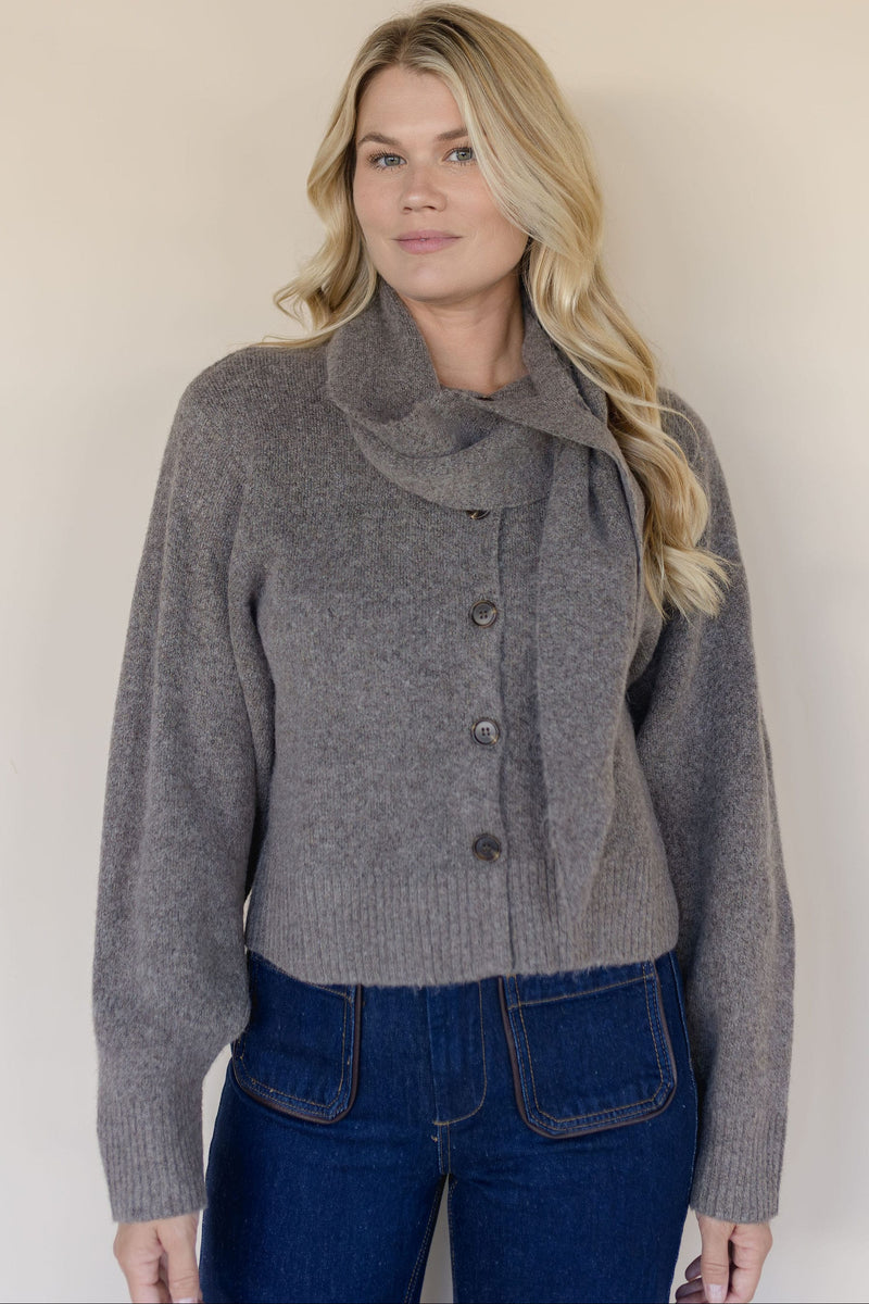 MAXINE Palmer Button Front Sweater With Neck Scarf Mocha