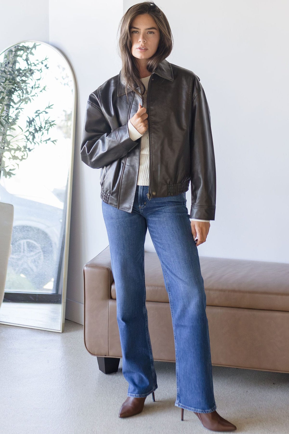 MAXINE Shiloh Leather Bomber Jacket Brown