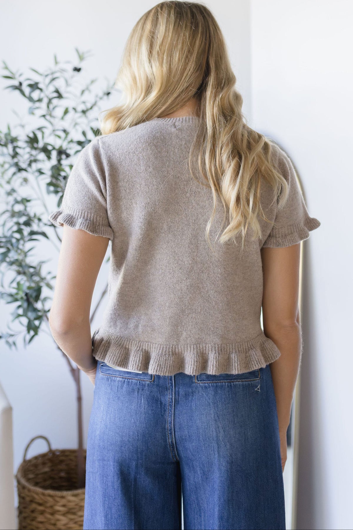 MAXINE Whitley Ruffle Hem Short Sleeve Sweater Top Taupe