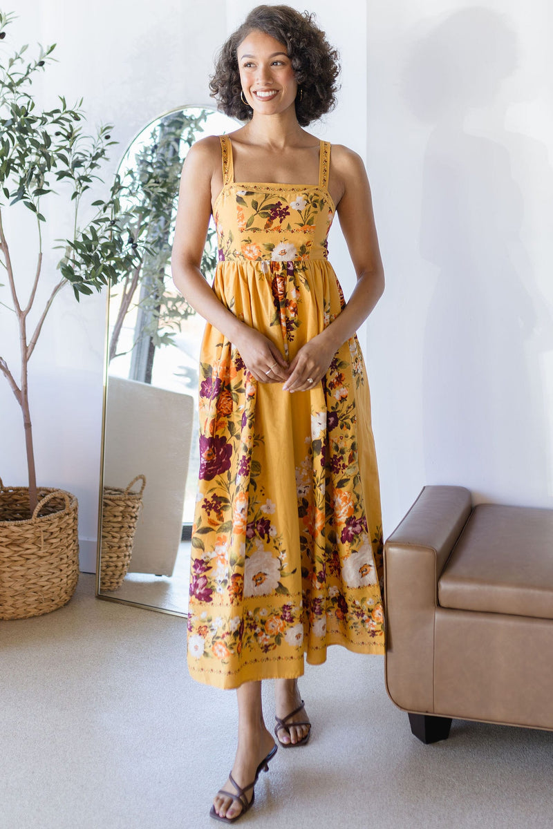 Moon River Flora Square Neck Sleeveless Midi Dress Mustard Multi
