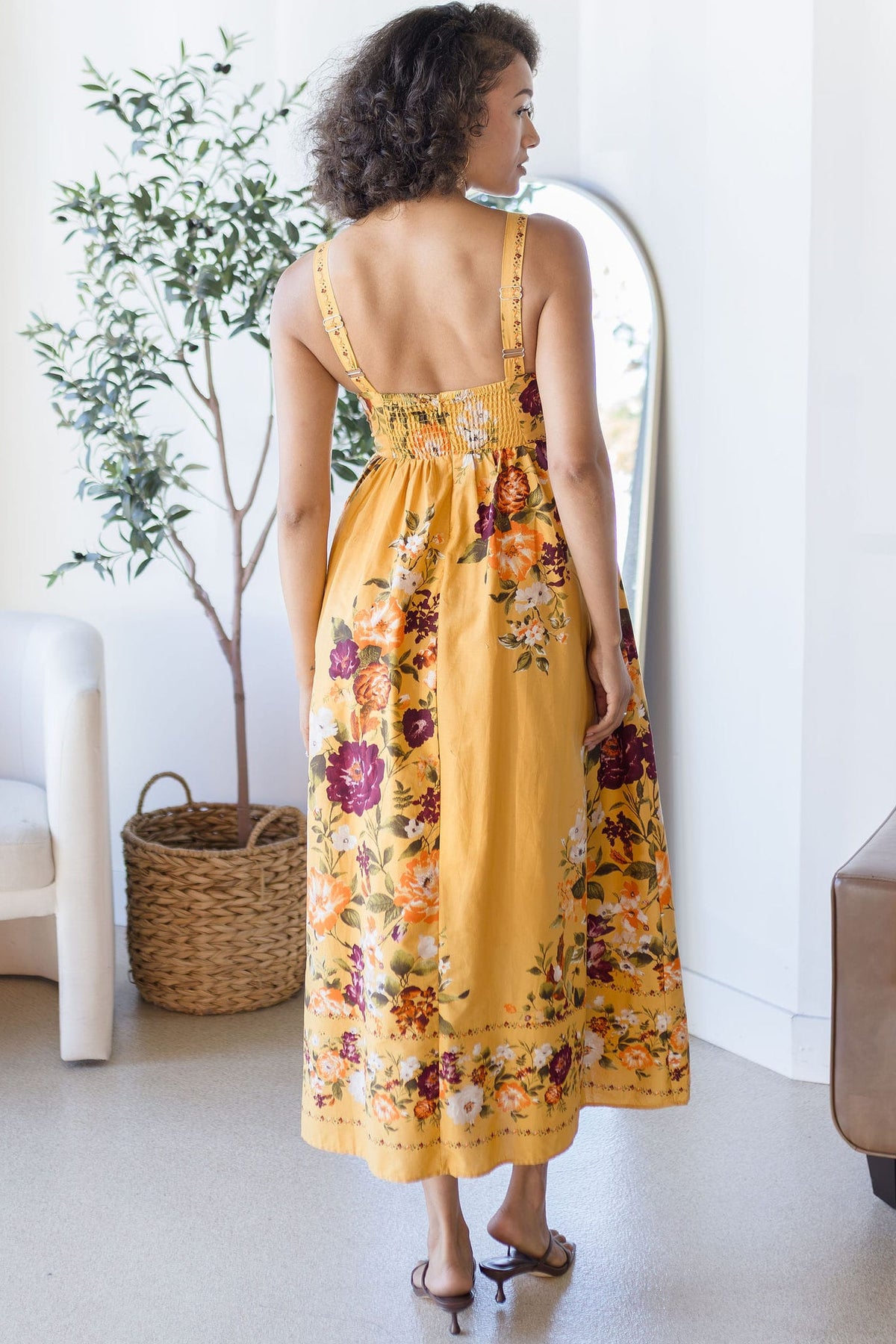 Moon River Flora Square Neck Sleeveless Midi Dress Mustard Multi