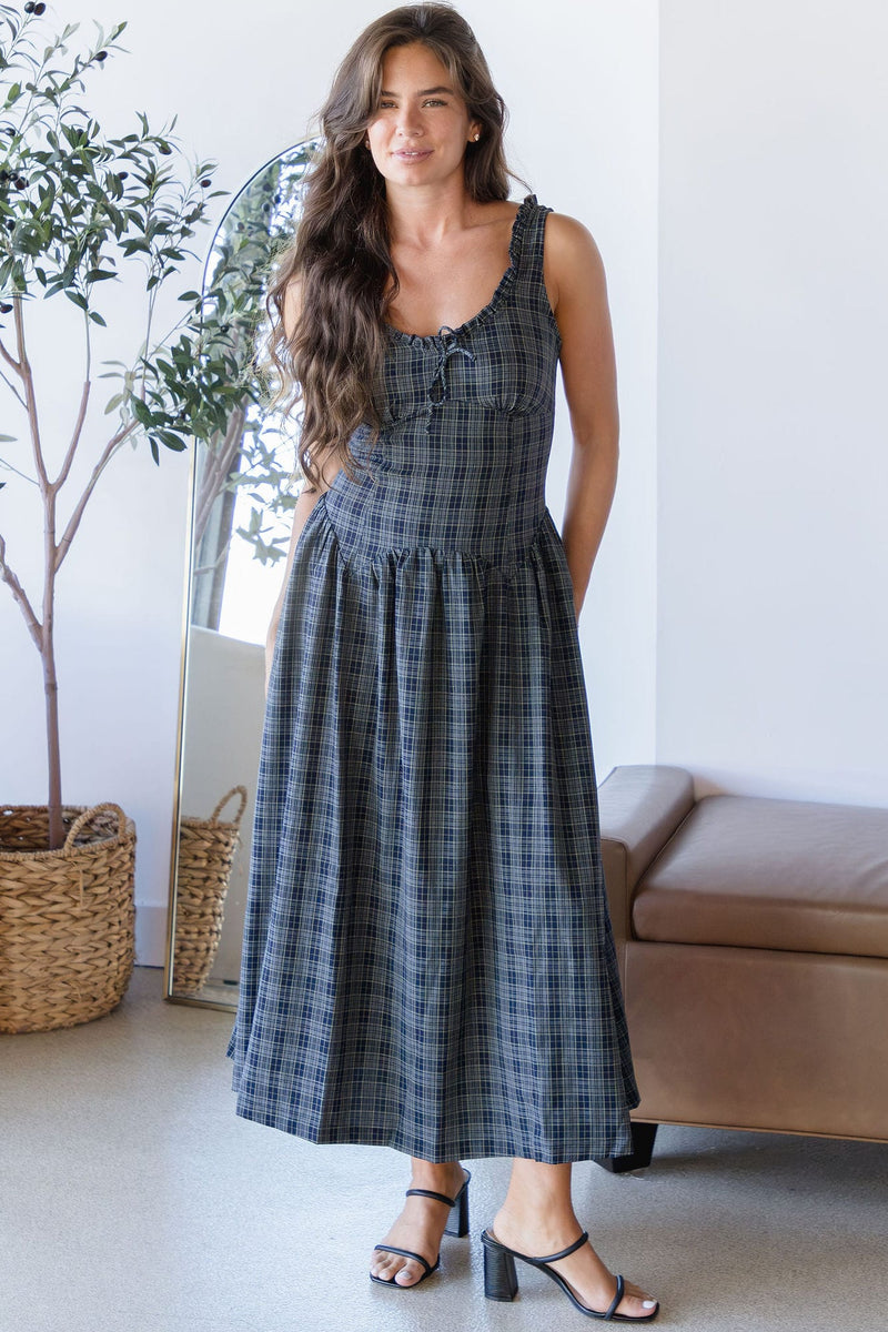Moon River Low Waist Scoop Neck Midi Dress Navy Multi