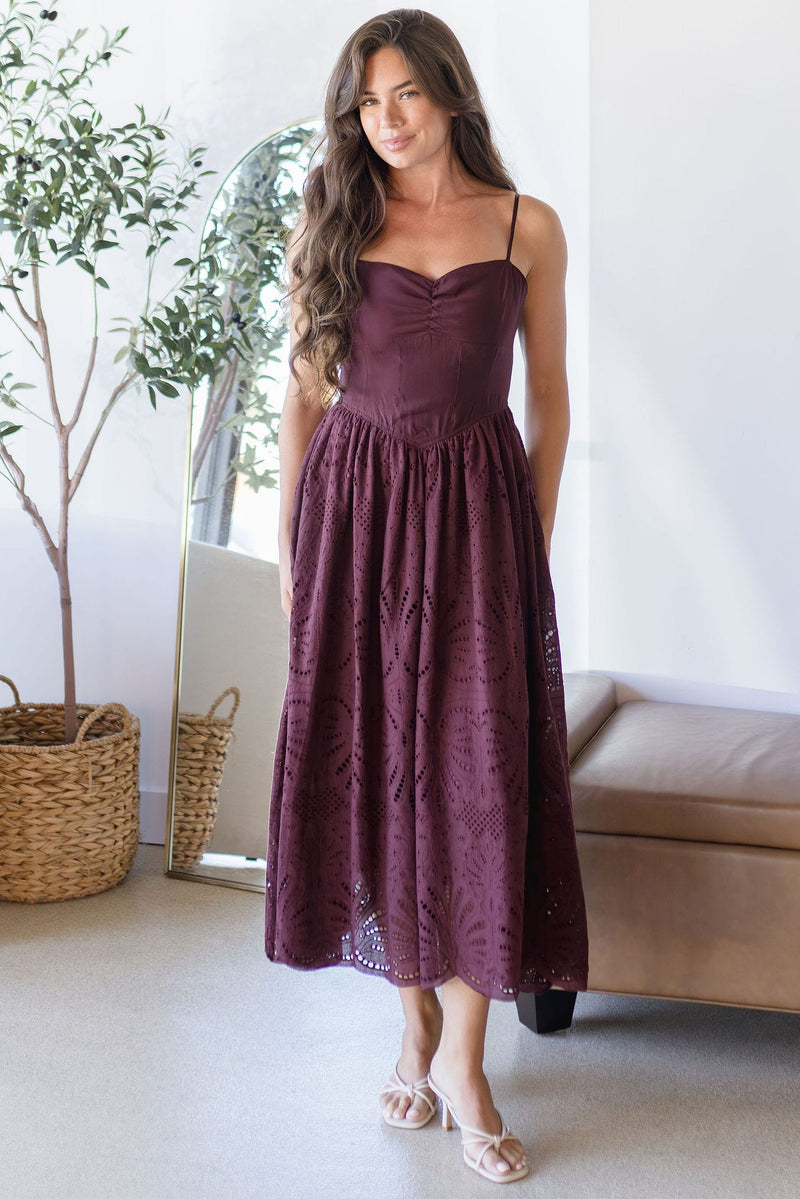 Moon River Odette Scallop Eyelet Skirt Midi Dress Wine