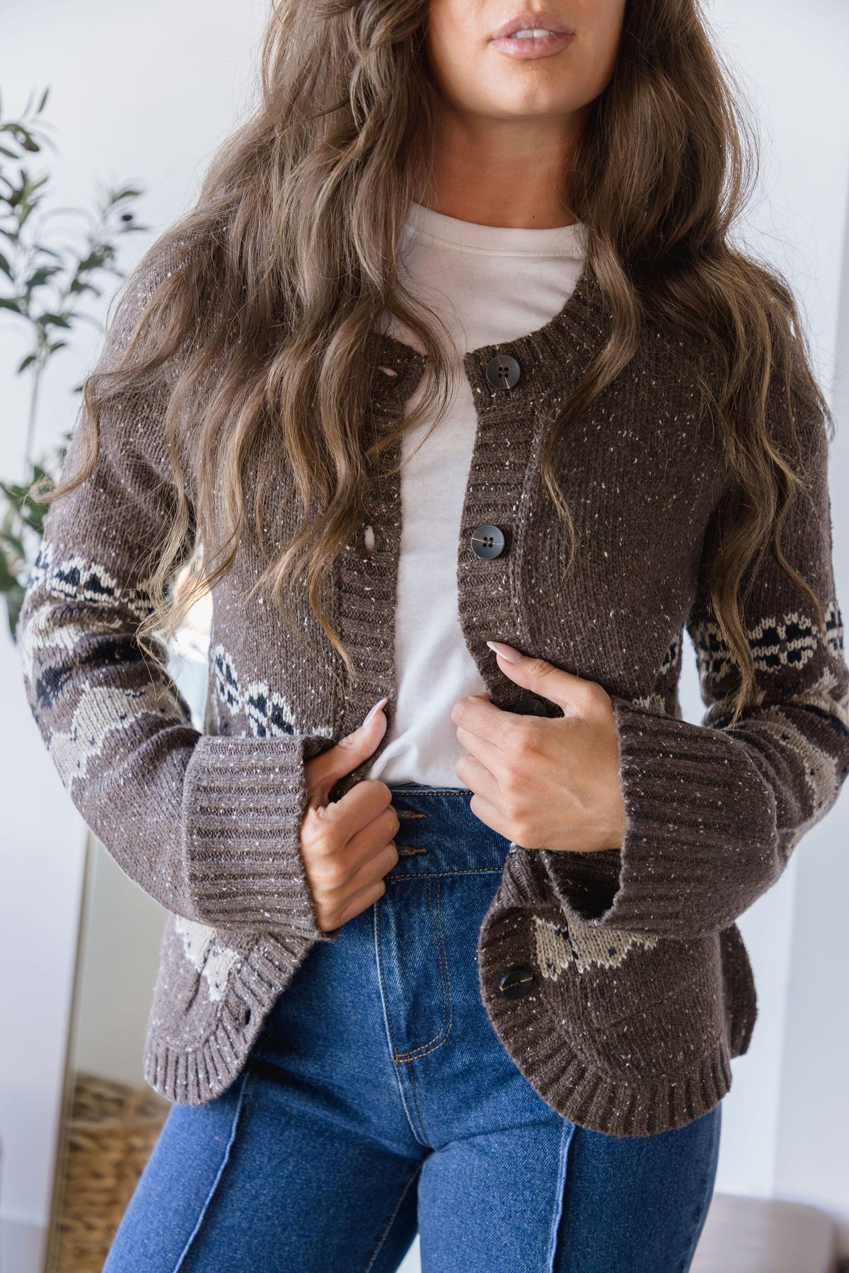 Moon River Rounded Hem Sweater Cardigan Brown Multi