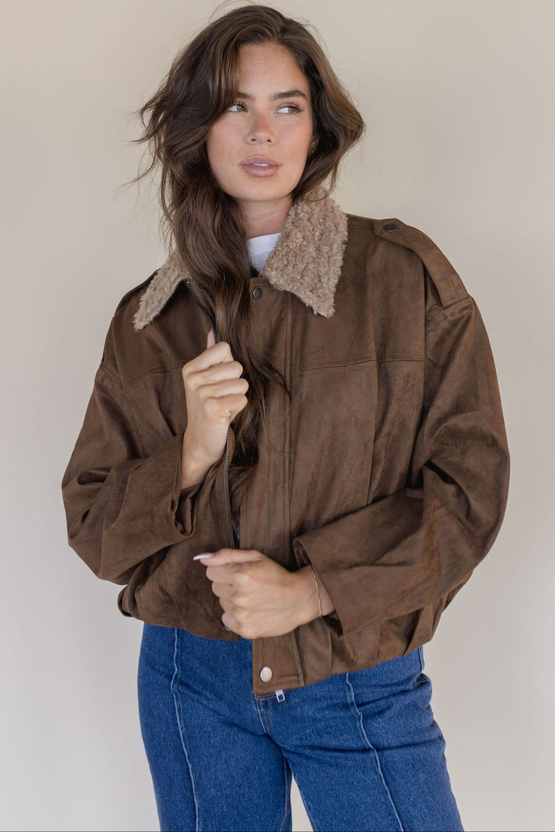 Moon River Shearling Collar Suede Jacket Brown
