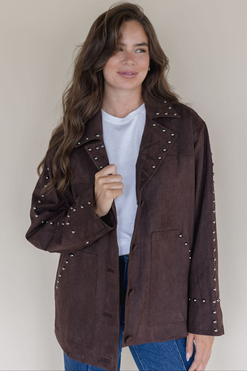 Moon River Studded Suede Jacket Dark Brown