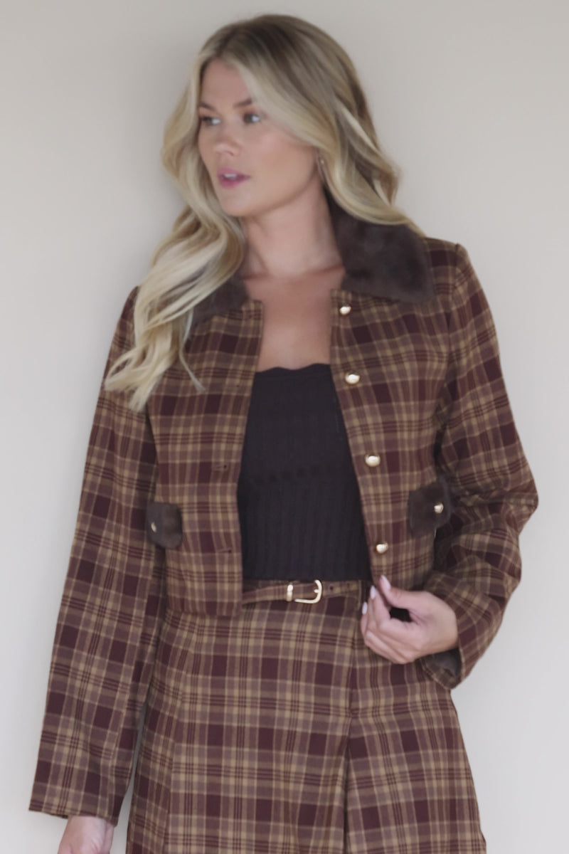 Harland Plaid Fur Trim Crop Jacket Harland Plaid Fur Trim Crop Jacket
