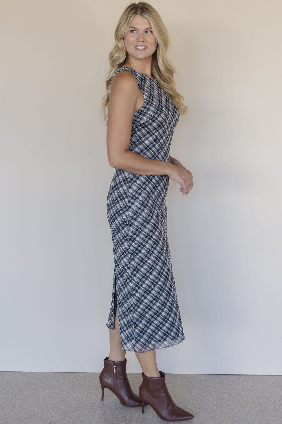 Raisonnel Plaid Mesh Maxi Dress Black Ivory Plaid