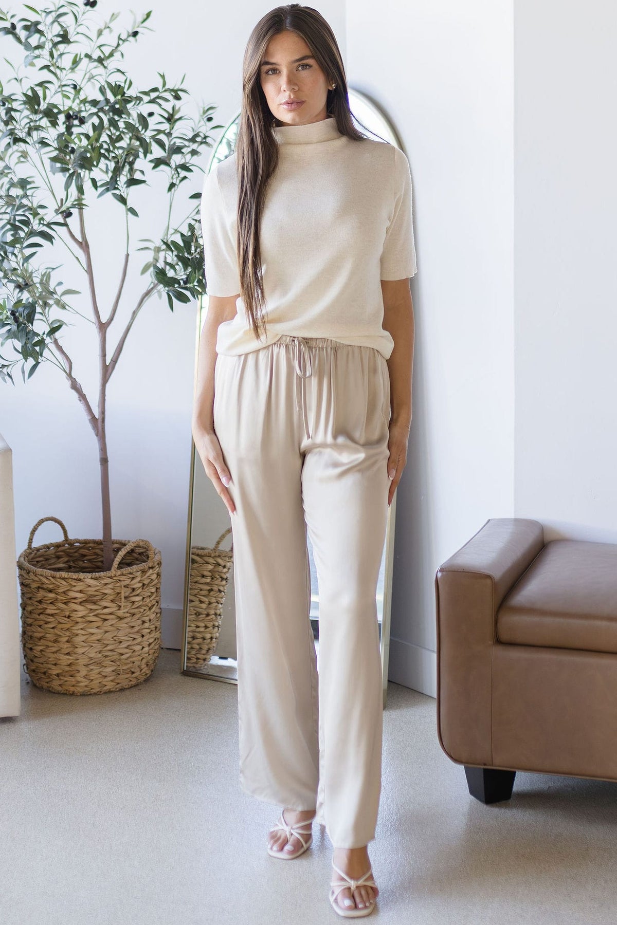 Raisonnel Serena Satin Pull-On Pants Khaki Beige