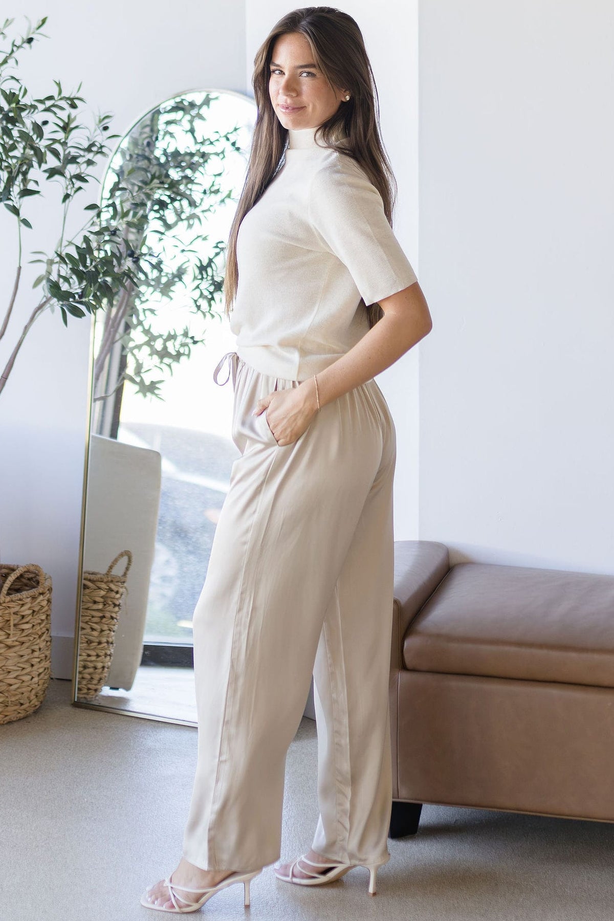 Raisonnel Serena Satin Pull-On Pants Khaki Beige