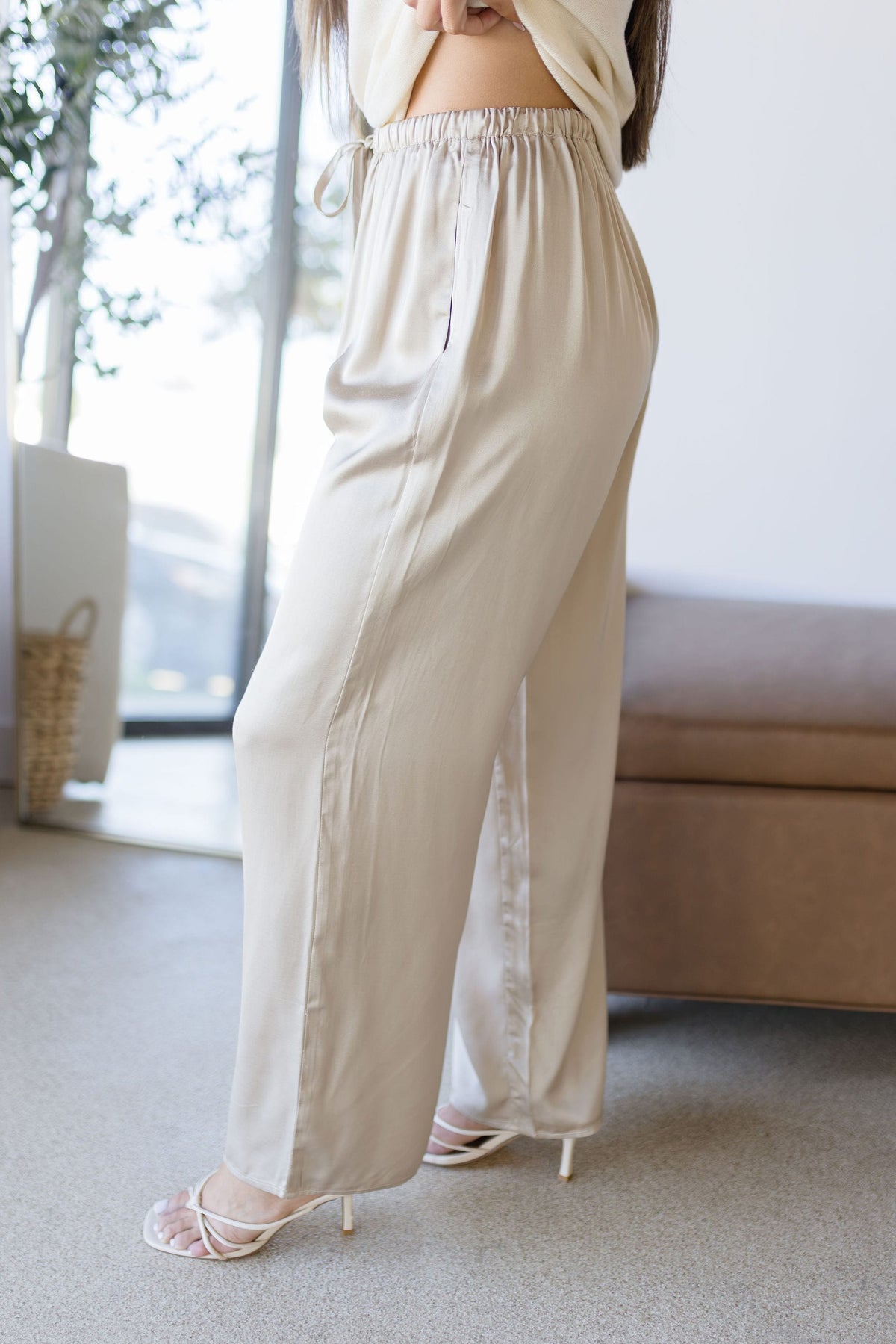 Raisonnel Serena Satin Pull-On Pants Khaki Beige