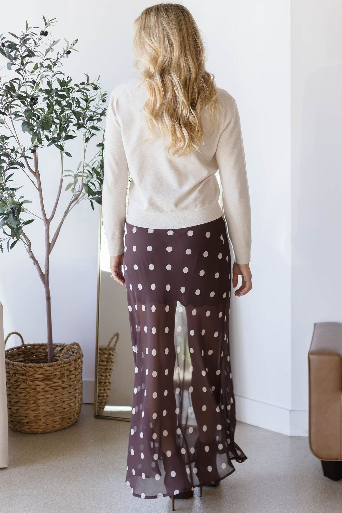 WREN The Label Blythe Sheer Polka Dot Midi Skirt Chocolate Brown Polka Dot