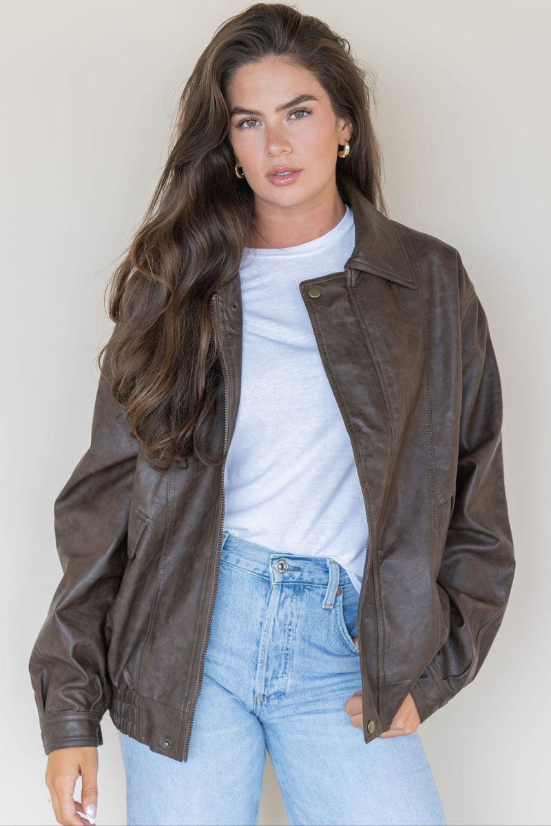 WREN The Label Briar Oversized Leather Jacket Espresso