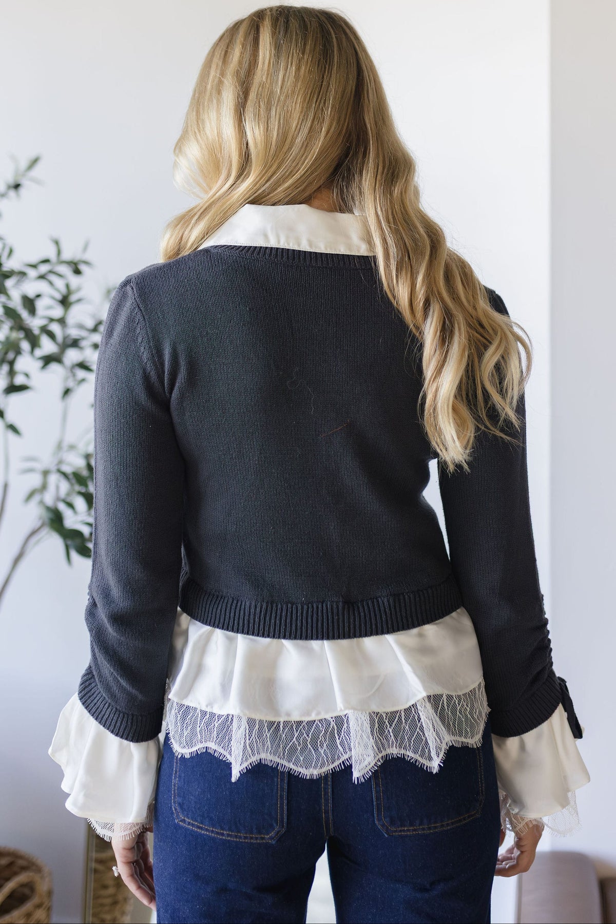 WREN The Label Carrington Sweater Blouse Navy/Pearl