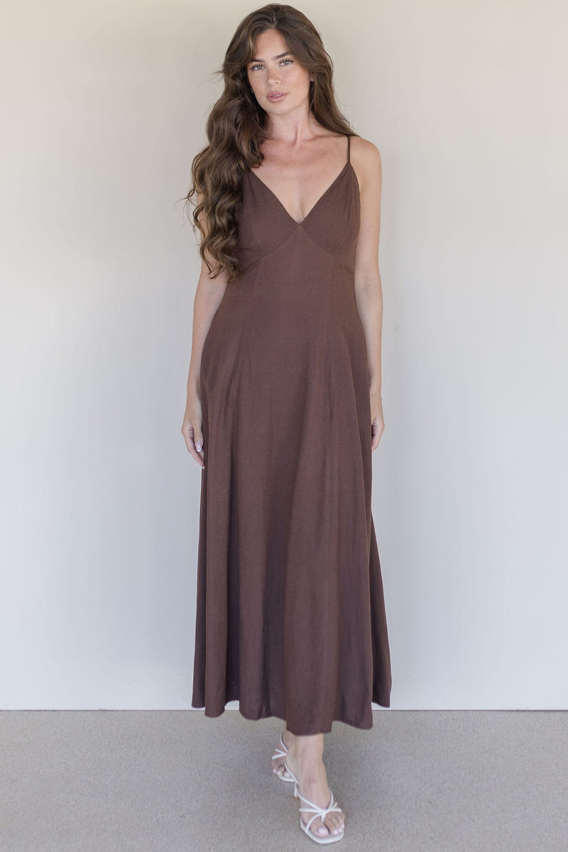 WREN The Label Elianna Linen Open Back Maxi Dress Brown