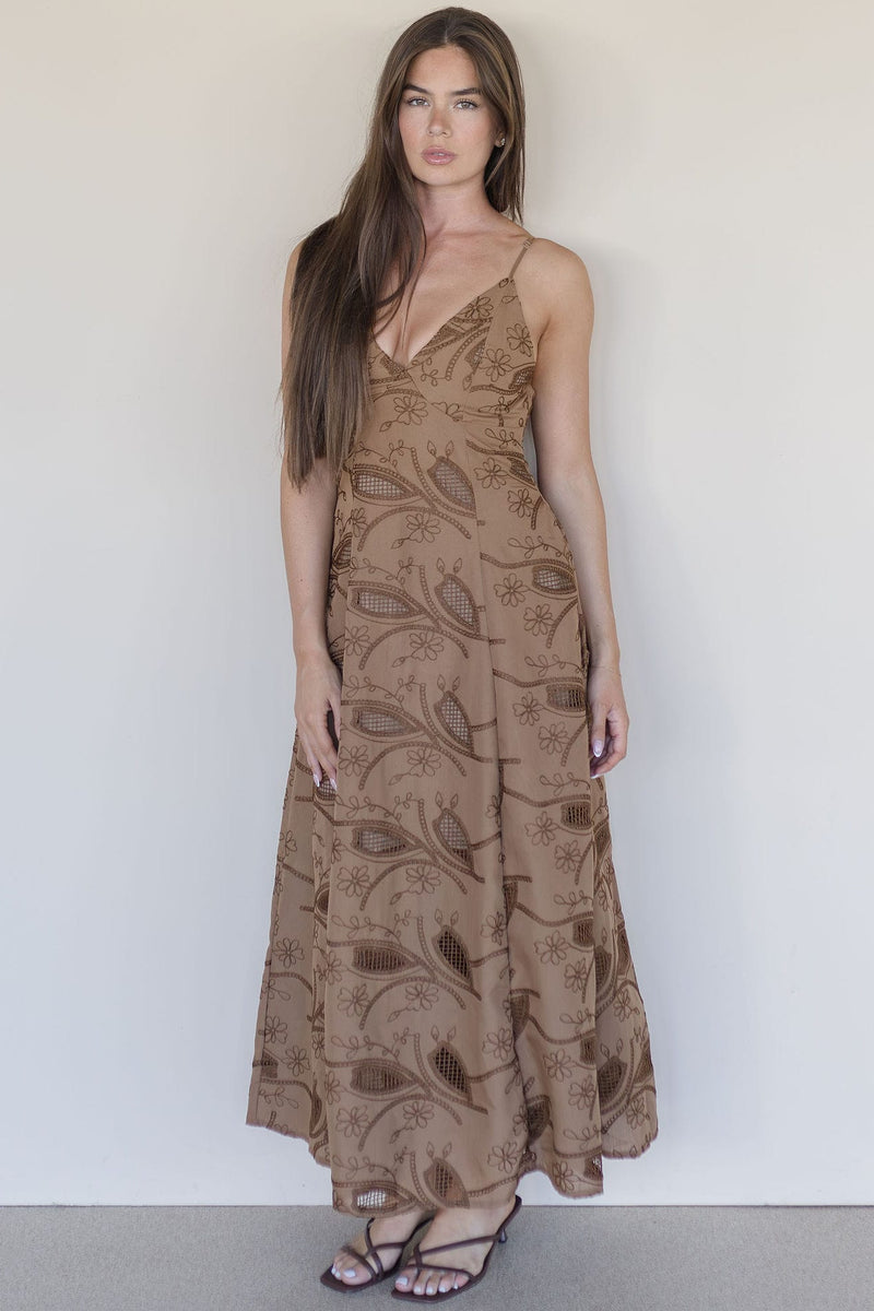 WREN The Label Elianna Stitch Detail Open Back Maxi Dress Mocha