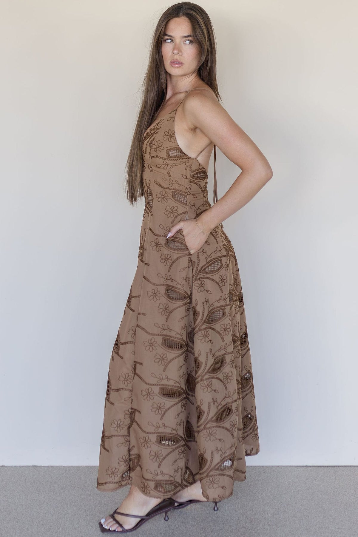 WREN The Label Elianna Stitch Detail Open Back Maxi Dress Mocha