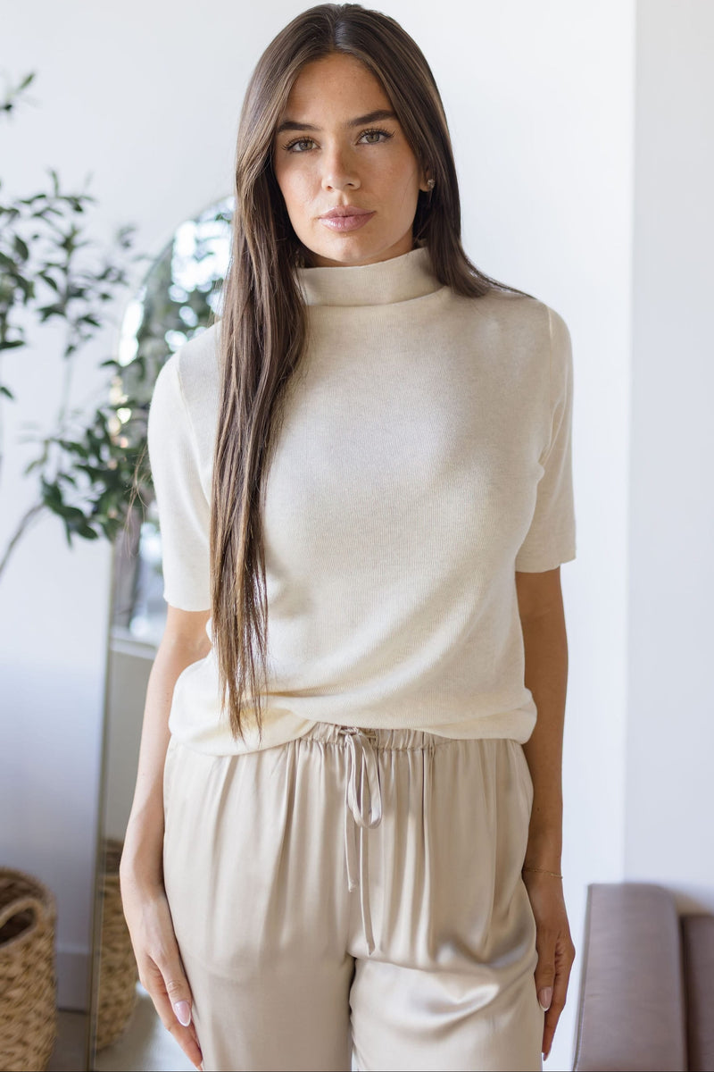 WREN The Label Mona Ribbed Mock Neck Top Cream