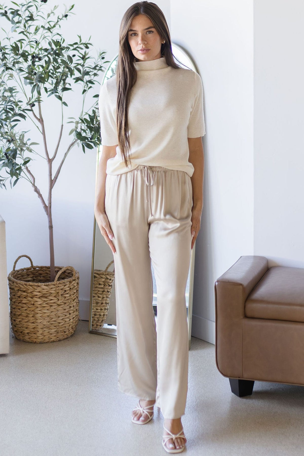 WREN The Label Mona Ribbed Mock Neck Top Cream