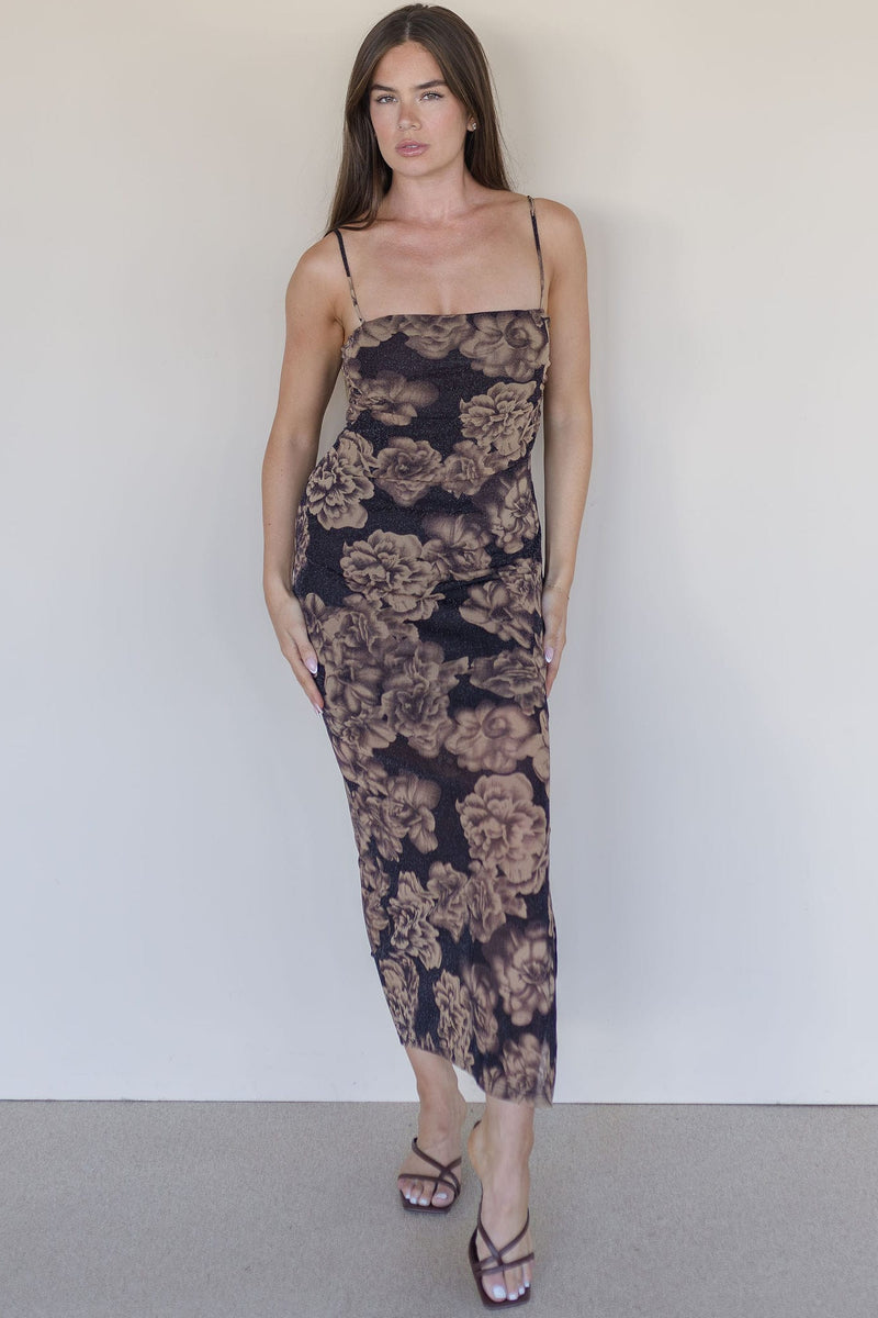 WREN The Label Stolen Glance Mesh Midi Dress Espresso Garden