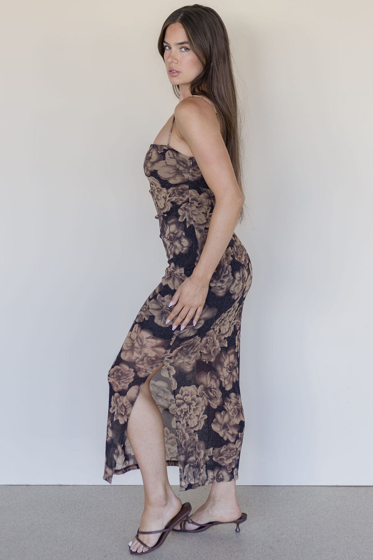 WREN The Label Stolen Glance Mesh Midi Dress Espresso Garden
