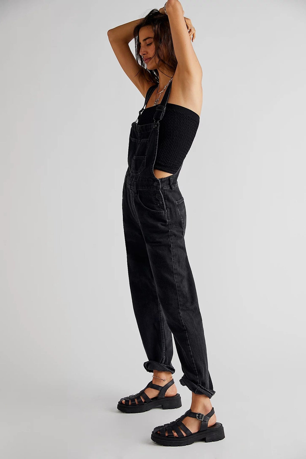 Long Free People Ziggy Overalls in Mineral Black