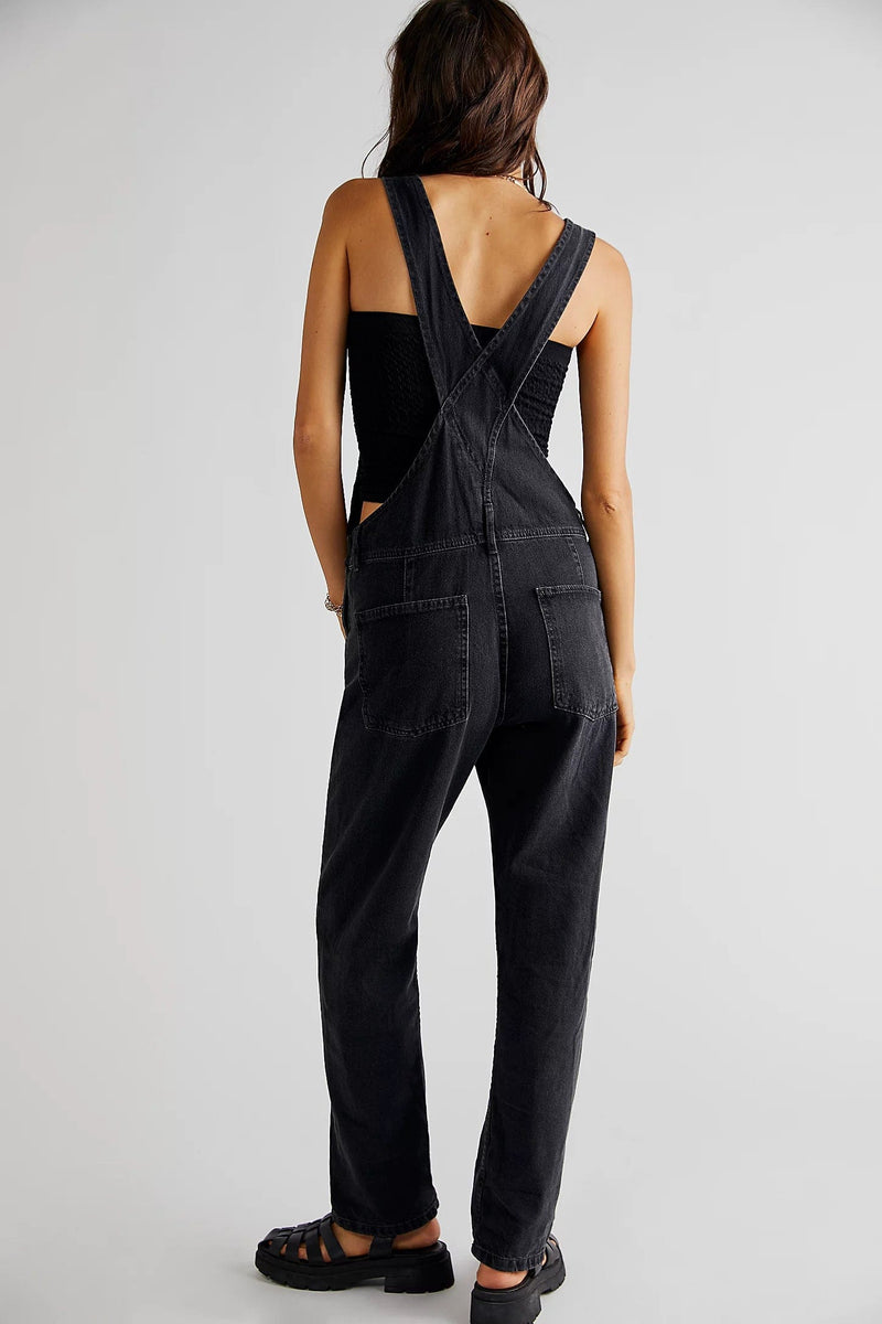 Long Free People Ziggy Overalls in Mineral Black